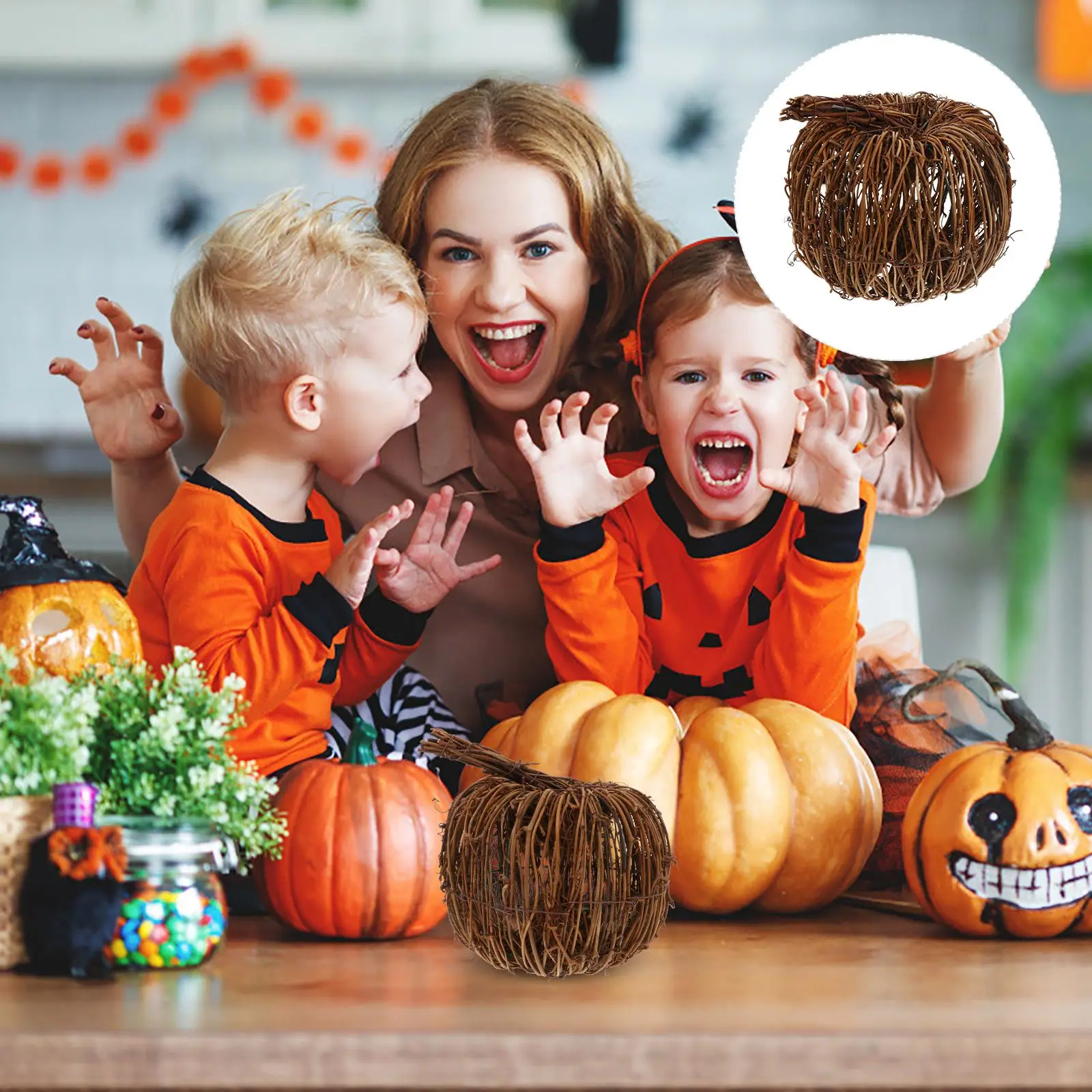 1Pc Creative Pumpkin Craft Ornament Desktop Adornment Rattan Woven Pumpkin Modeling Adornment Halloween Home Party Decoration