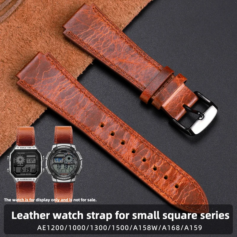 For Casio small square leather strap A158/AE159/AE1200/AE1300/AE1000 W-216Hmodified retro convex mouth cowhide wristband 18mm