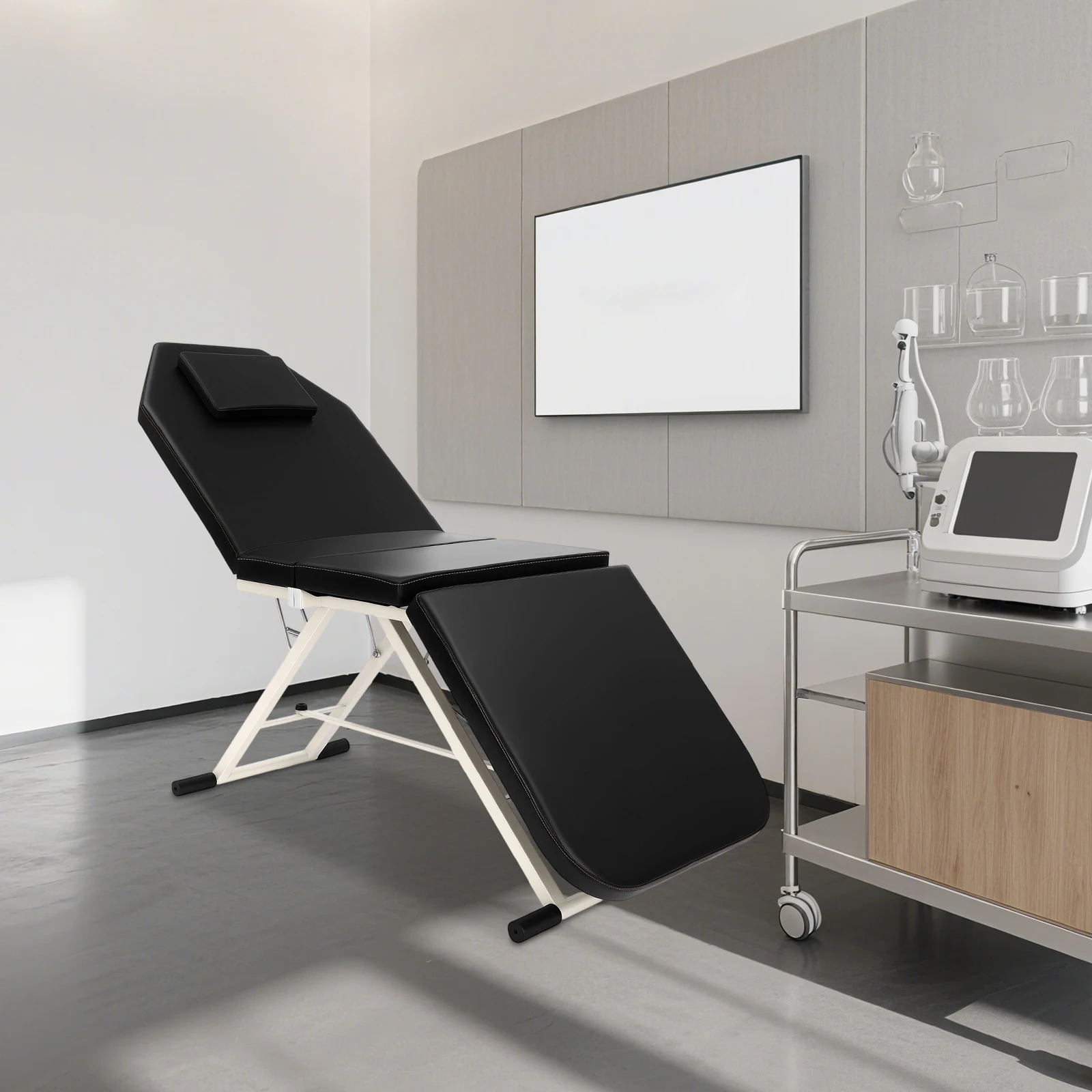 Image of Tragbare, zusammenklappbare Massageliege mit Kissen, robustes Stahlgestell, PU-Leder, Schaumstoffpolsterung, Spa-Schönheitsliege, 70 ° Rückenlehne & 45 ° Verstellbare Fußstütze für