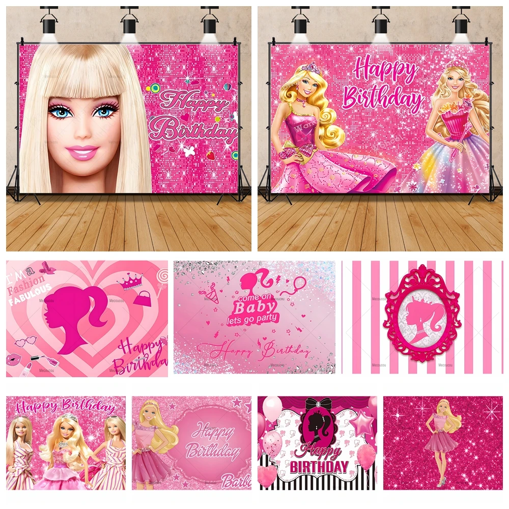 Barbie Photography Background Customized Pink Glamor Girl Lady Happy Birthday Party Banner Cake Table Decoration Supplies Props