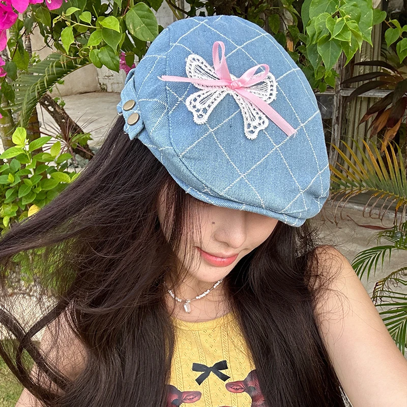 

Korean Lace Bow Denim Forward Hats for Women Show Face Small Summer Versatile Sun Protection Retro Literary Painter Berets