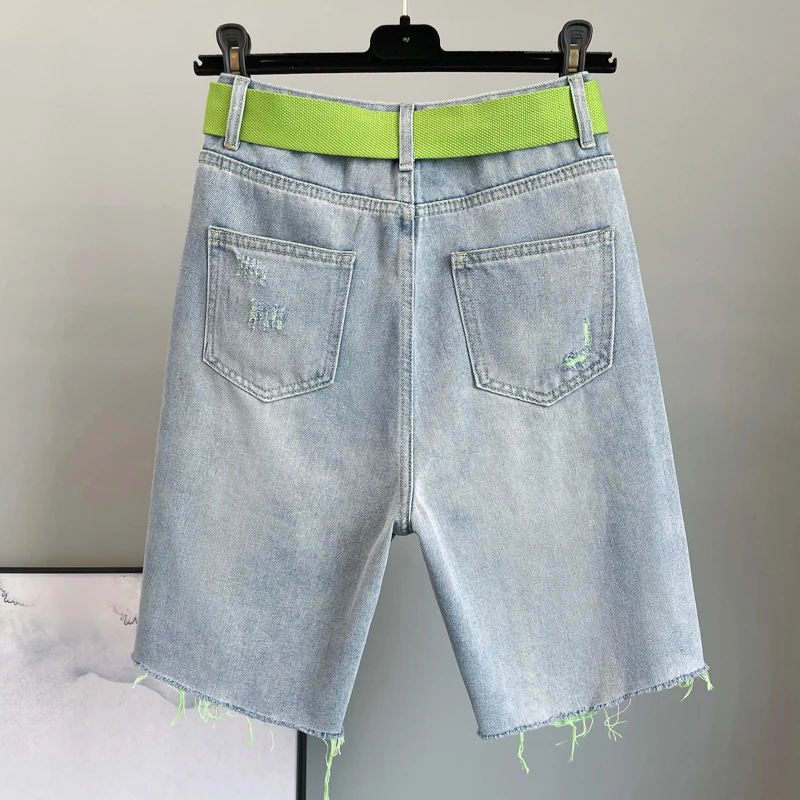 2024 Summer New Women's Diamond Pierced Hole Denim Shorts Loose High Waisted Studded Knee Length Pants Female Shorts