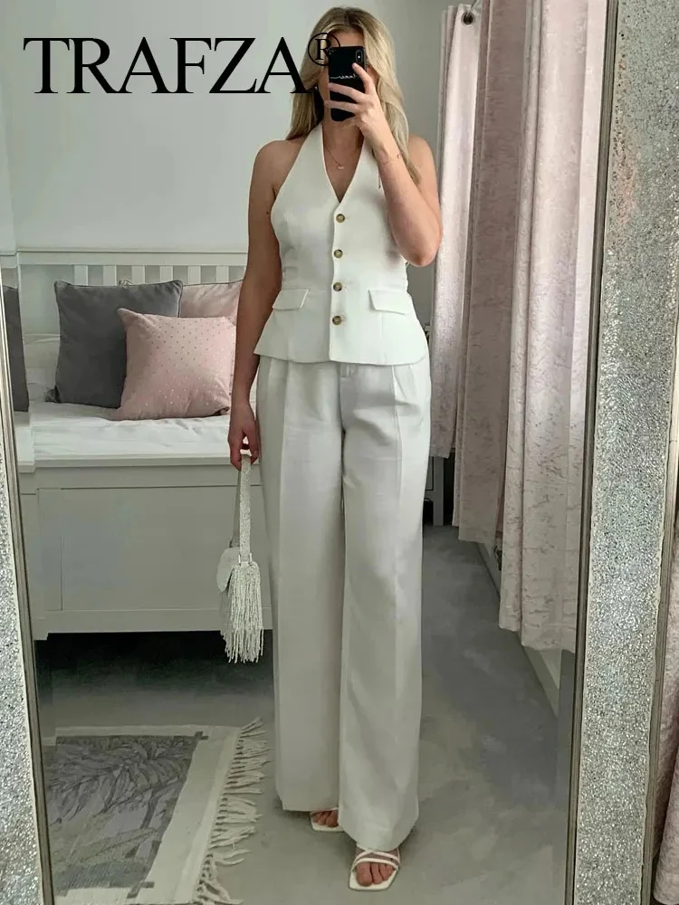 TRAFZA Women Fashion Sets Solid Pant Suit Halter Single Breasted Sleeveless Blazer Vest Top Office Lady High Waist Wide Leg Pant