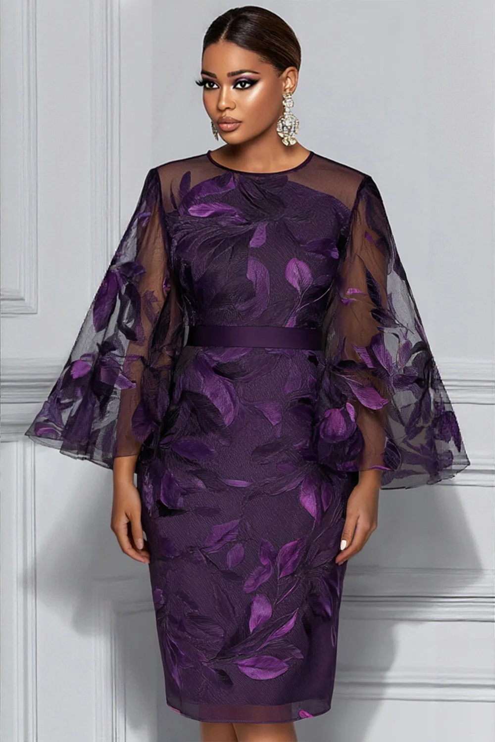 بالإضافة إلى حجم الدانتيل الرسمي الأرجواني جولة الرقبة مضيئة كم طويل Bodycon أنيقة انظر من خلال فساتين متوسطة الطول الساتان #2