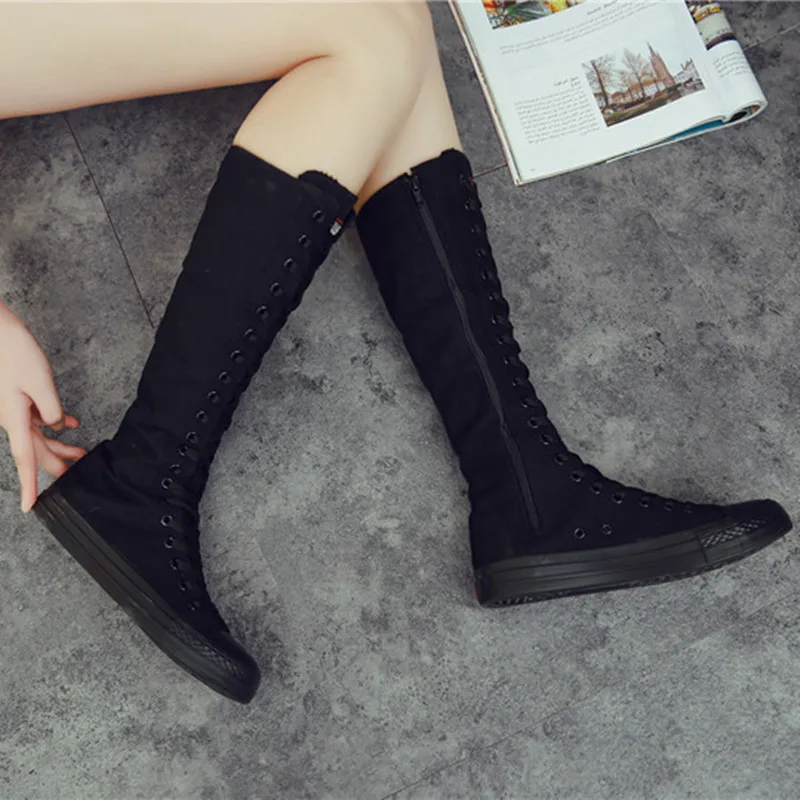 Korean Style Sneakers Fashion Slim Casual High-top Plus Size 42 43 Canvas Ladies Dance Shoes Zipper Women Long Knee-High Boots