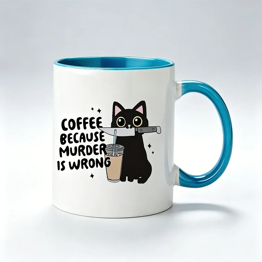 1. Coffee! Because Murder Is Wrong, 11 oz Ceramic Coffee Mug, Cat Alphabet Water Bottle, Breakfast Mug