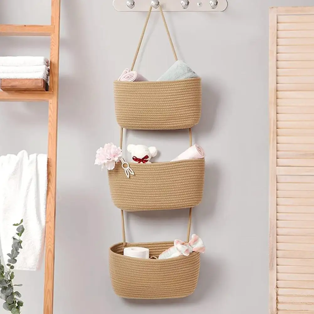 Cotton Thread Weaving Wall Hanging Storage Bag Organiser Detachable Hanging Basket with 3 Pockets for Bedroom Bathroom Organizer