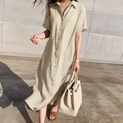 Vestido largo de algodón y lino para mujer, prenda informal, Vintage, holgada, con cintura de encaje, manga corta, botonadura única, estilo coreano, para verano, 2024