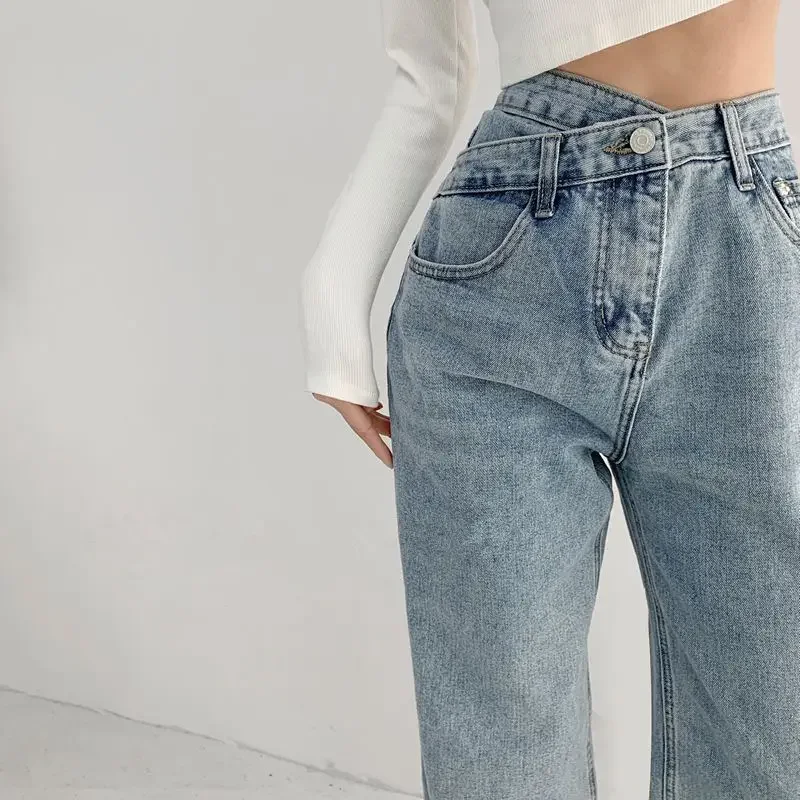 Damskie jeansy z wysokim stanem i krzyżowym wiązaniem w talii, proste nogawki, letnie, wyszczuplające, długie spodnie, vintage, drapowane, do ziemi.