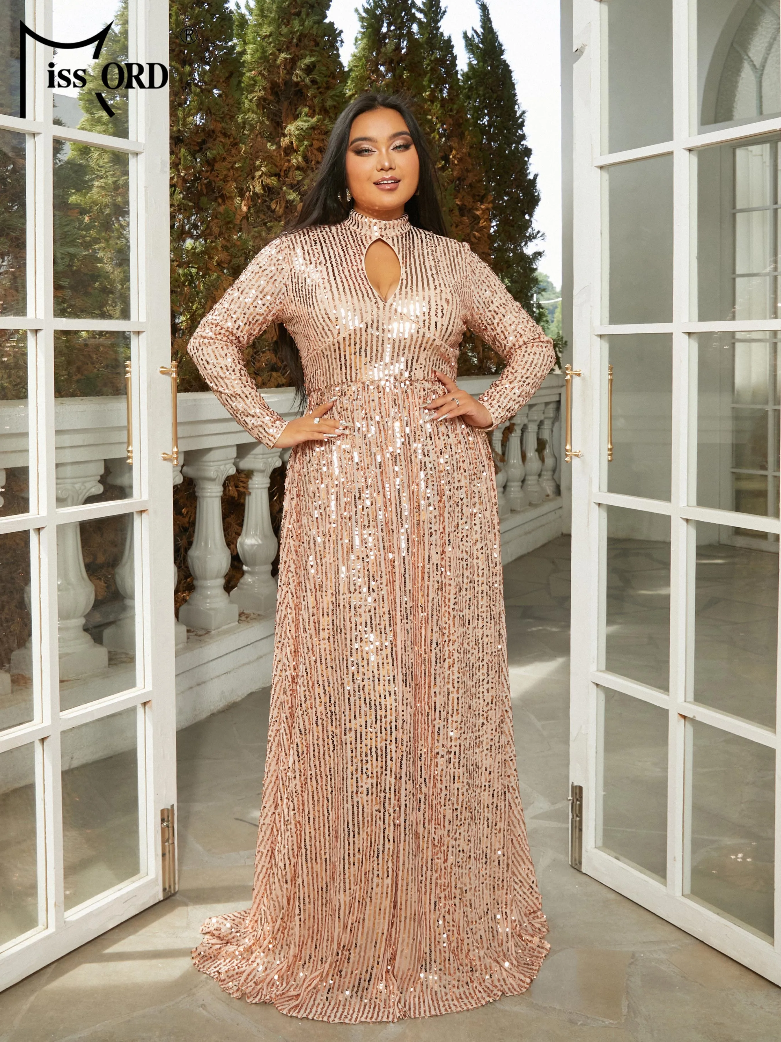 Missord 2024 nuovo Plus Size elegante belle donne ritaglio girocollo manica lunga a-line sera matrimonio festa di compleanno vestito