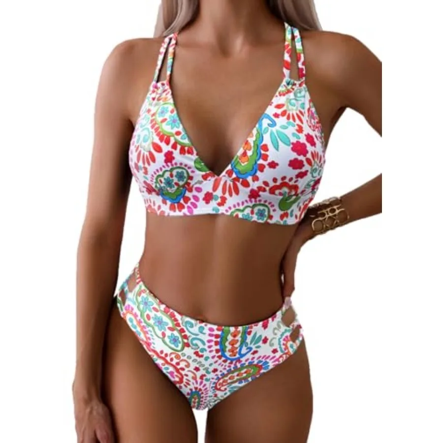 

Tainehs Women's Push Up V Neck Bikini Sets Criss Cross Back Two Pcs Bathing Suit