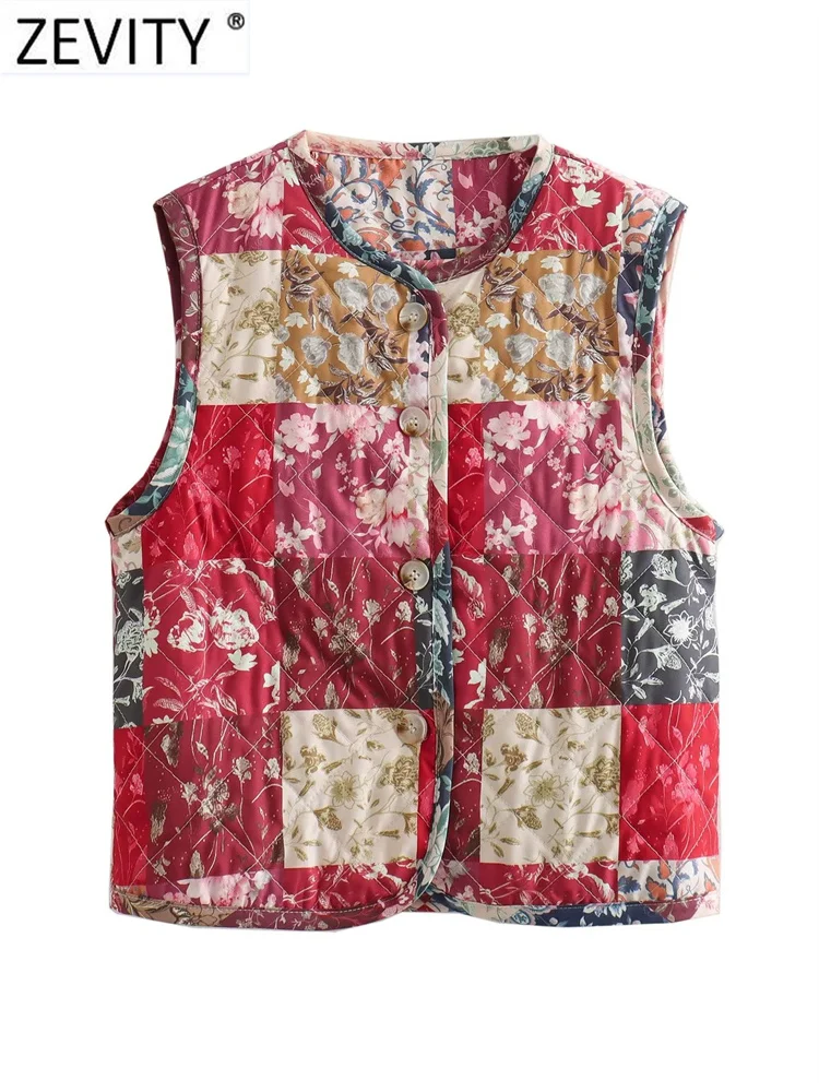 Zevity Women Vintage O Neck Cloth Patchwork Flower Print Cotton Padded Sleeveless Vest Jacket Female Retro WaistCoat Tops CT5075