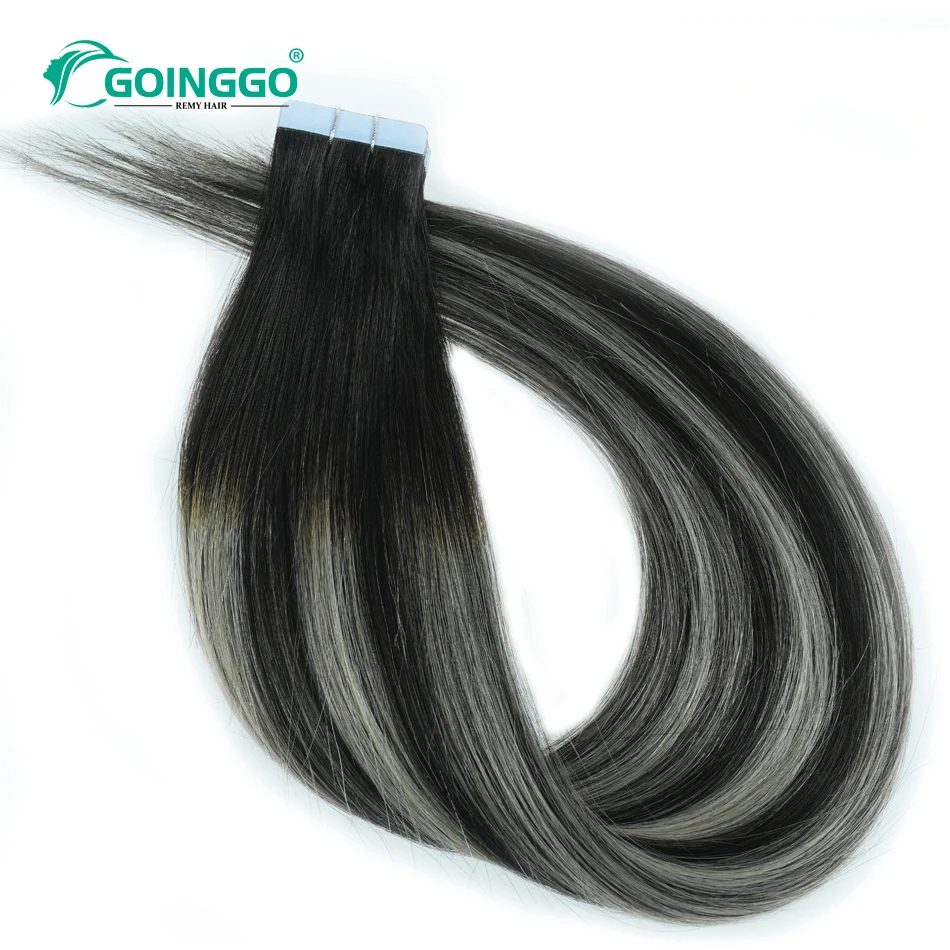 Goinggo-Extensión de cabello humano liso, cinta adhesiva de trama de piel, color negro Natural, resaltado, gris, calidad de salón, P1B/gris