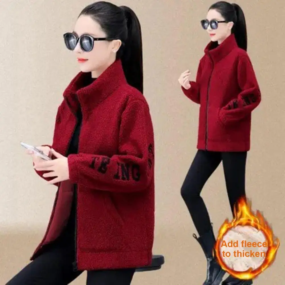 Women Thermal Jacket Thick Fleece Winter Coat with Stand Collar Letter Pattern Pockets Warm Mid Length Cardigan Jacket for Women image 3