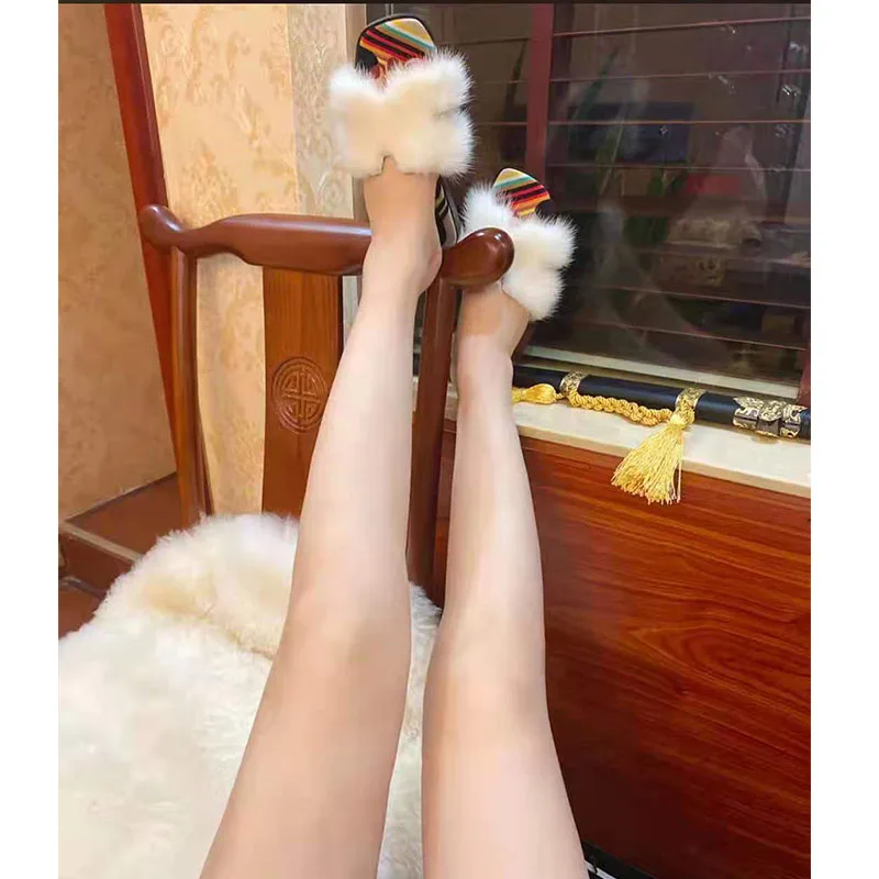 Black White Red Mink Fur Flat Slipper Butterfly Shape Floral Printing Fabric Peep Toe Women Leisure Winter Fur Slide Shoes