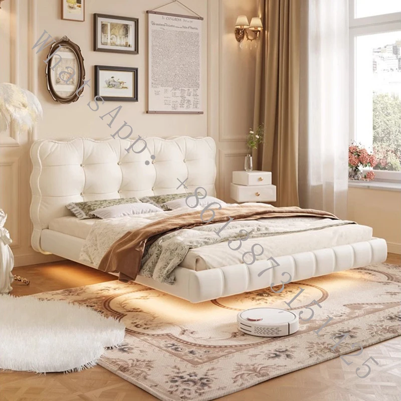 

(Изготовлено на заказ для морской перевозки) Кремовая кровать-пуф во французском стиле, популярная в интернете, современная минималистичная кровать для главной спальни, белая.