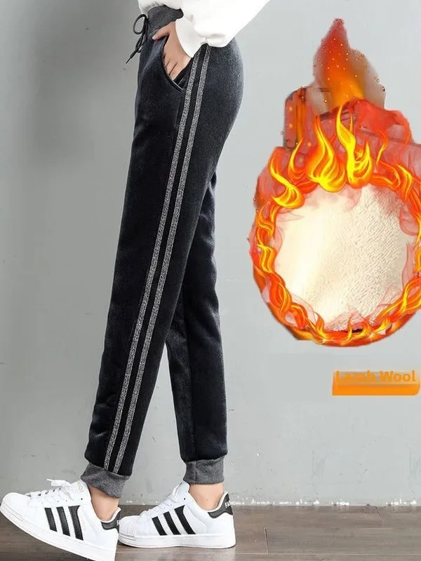 티엔드 Fce 벨벳 안감 스포츠 팬츠 여성용 겨울 따뜻한 BF 하란 스타일 루즈 캐주얼 스웨트팬츠 스트리트 스타일 하이웨이스트 폴리에스터...