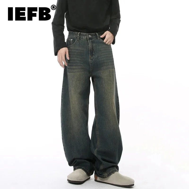 IEFB Korean Style Washed Jeans Simple Solid Color Casual Trousers Machete Straight Wide Leg Loose Male Denim Pants New 9W133