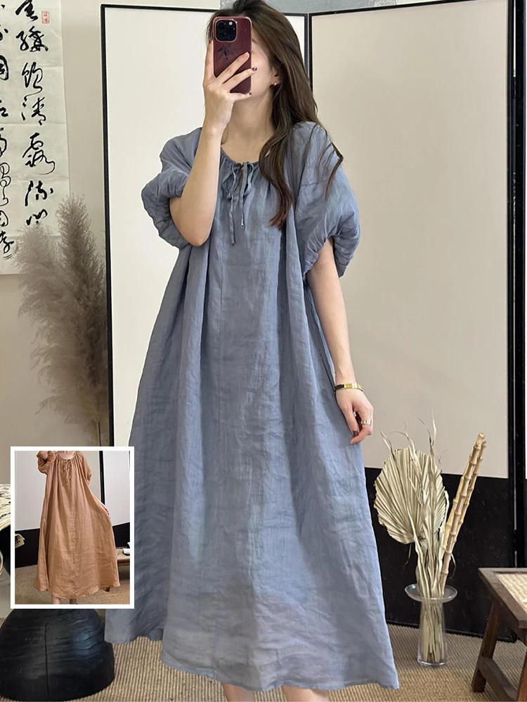 กระโปรงยาวทรงเข้ารูปผูกเอว รุ่น Ele Pure Color Bubble Sve Linen Dr Summer ไซส์พลัส สำหรับผู้หญิง แฟชั่นทันสมัย ทรงกลม ผูกเชือก