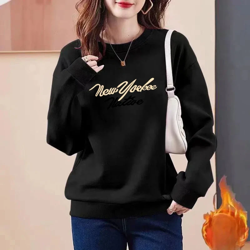 Women\'s Clothing Spring Autumn Crew Neck Flocking Lantern Long Sleeve Hoodies Letter Printing Fashionable Flattering Casual Tops