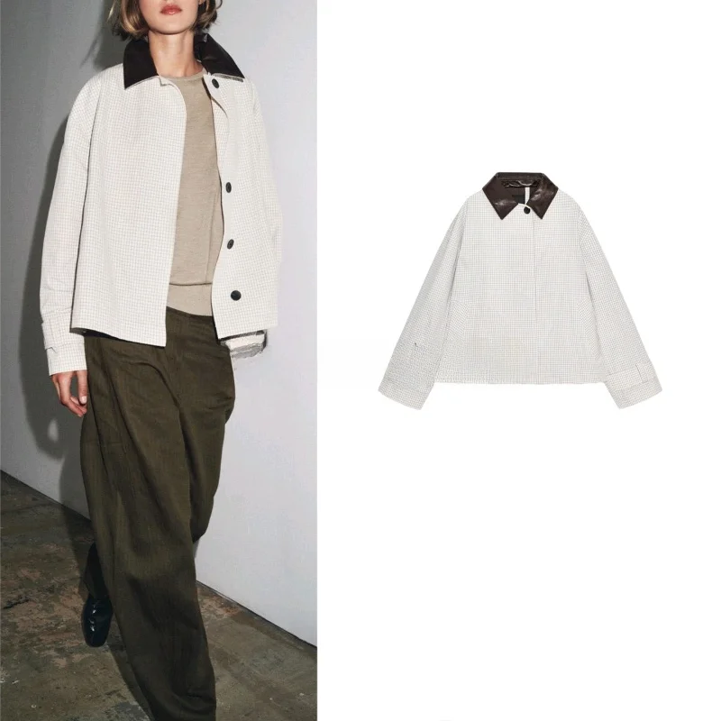 

New Autumn Women's ort Length Single Row Buttoned Collar Long Sve Leather Effect Windbreaker Commute Sle Polyester Fiber