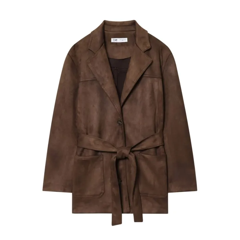 

Women Belted Faux Suede Jacket With Belt Autumn Fashion Suit Collar Long Sleeves Button Short Windbreaker Chic Outwear