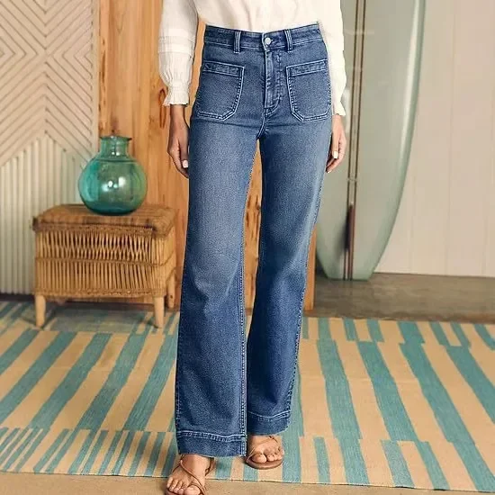 

Straight Jeans for Women Stretch Wide Leg Pants High Waist Washed Distressed Pockets Denims Streetwear Ankle Length Trousers