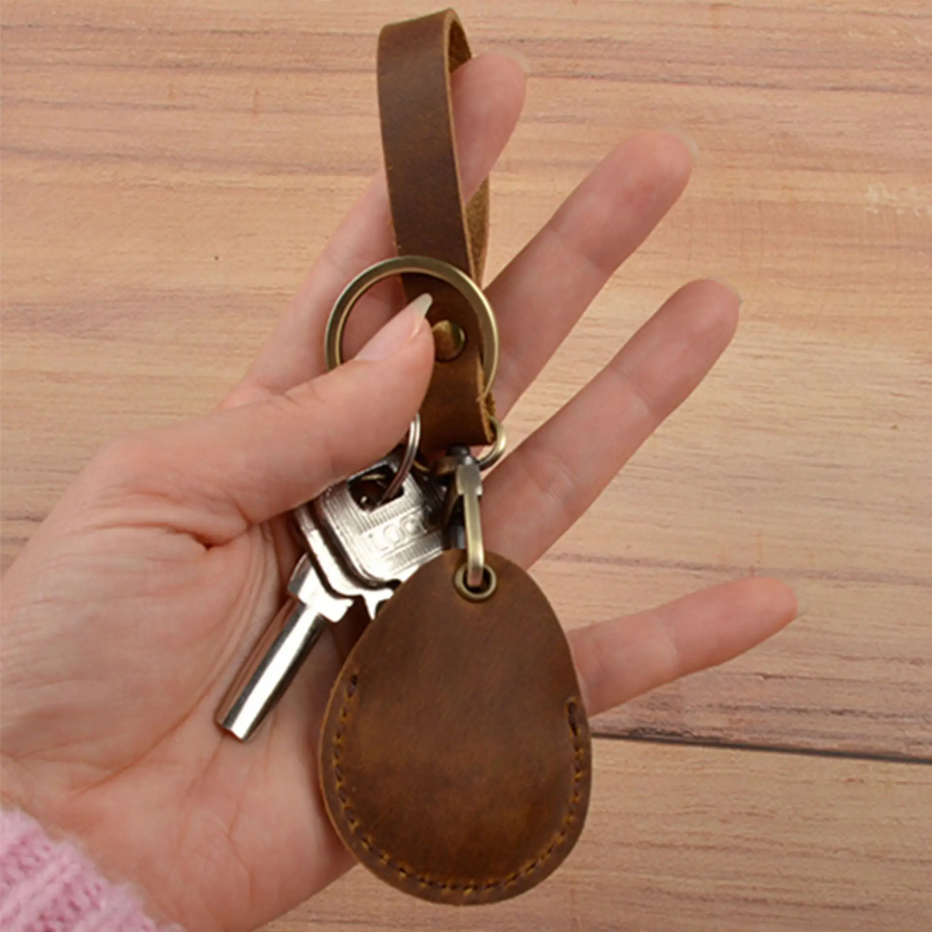 Key Buckle Head Layer Cowhide Small Circular Water Droplet Induction ID Card Protective Sleeve Key Buckle Accessories