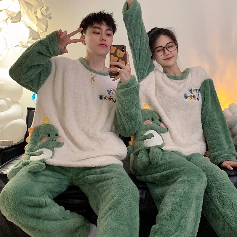 Kawaii Dinosaur Pajamas Sets For Women Men Couples Sleepwear Coral Velvet Winter Pajama Sets Loungewear Soft Warm Lovers