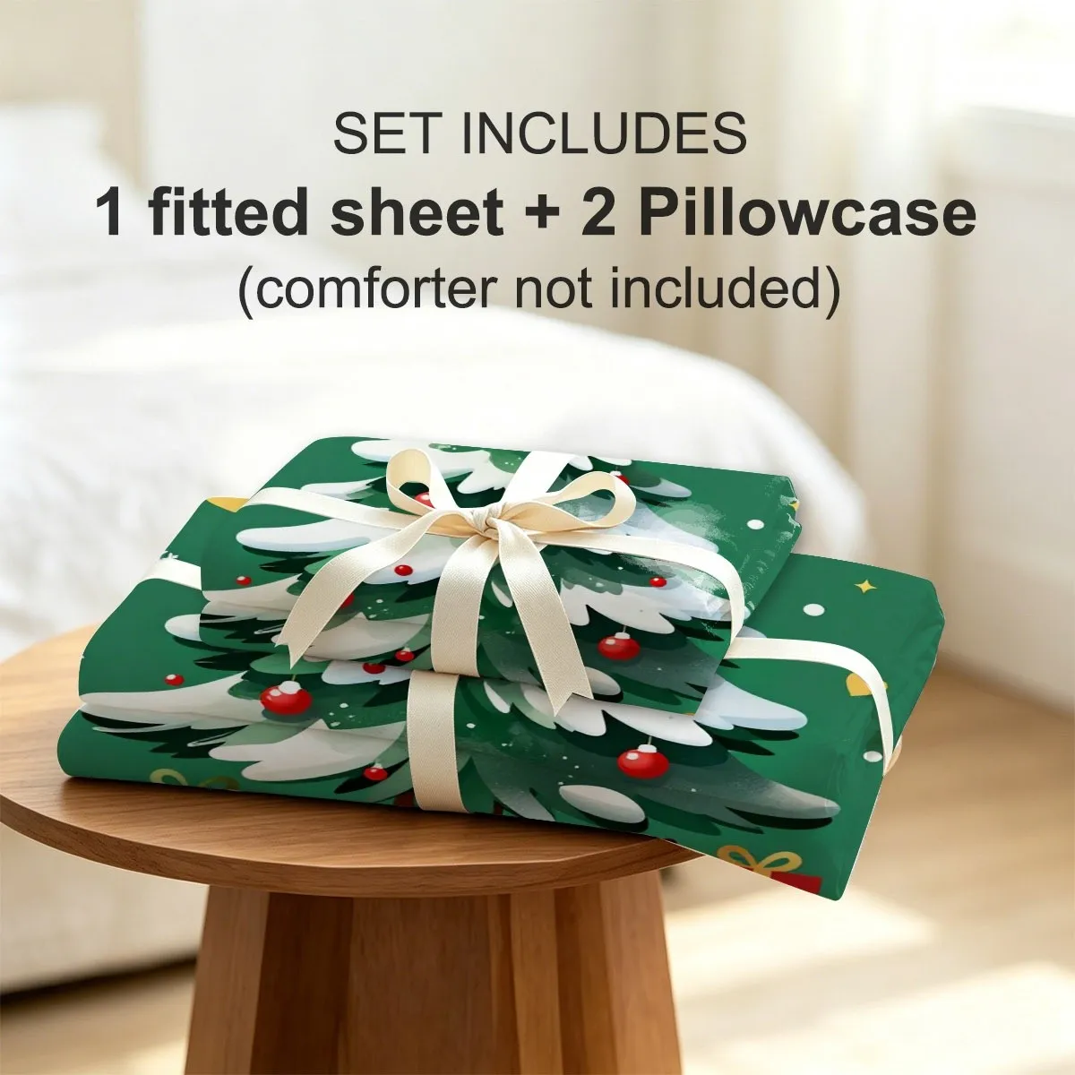 Holiday Christmas Tree Green Background Snow Tree Pattern, Snowflake Decoration 2D Digital Print Three-Piece Bedding Set (Includes 1 Fitted Sheet + 2 Pillowcases) 3-Piece Set, Large Capacity Deep Pocket 2D Printed Fitted Sheet and 2 Pillowcases Bedding Mattress Protector, Fitted Sheet Style with Elastic Band, Protective Cover, Mattress Protector, Machine Washable Design, Holiday Decoration, Various Sizes, Breathable Protective Cover Plus Pillowcase