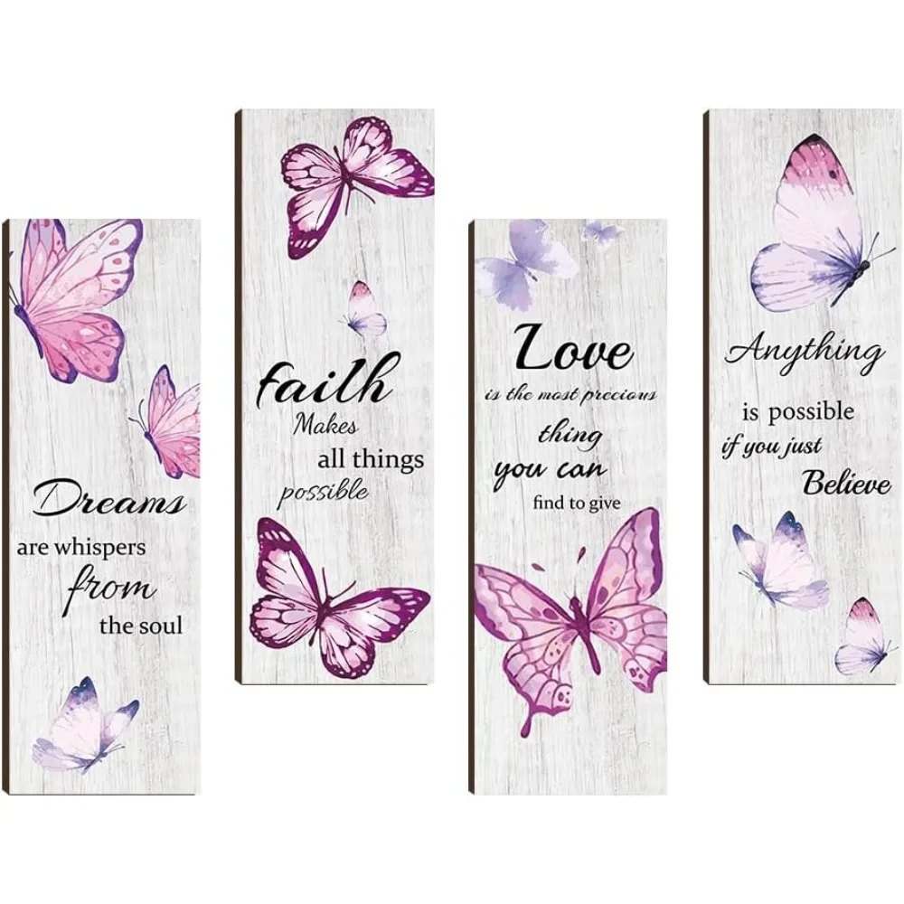 4 Pcs Pink Butterfly Wooden Wall Sign, Dreams Faith Love Believe Wall Decor Inspirational Wall Art for Women Room Decor Wedding