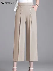 Double-breasted Cotton Linen Wide Leg Pants Women Casual High Waist Ankle-length Pantalones New Fashion Baggy Straight Trousers