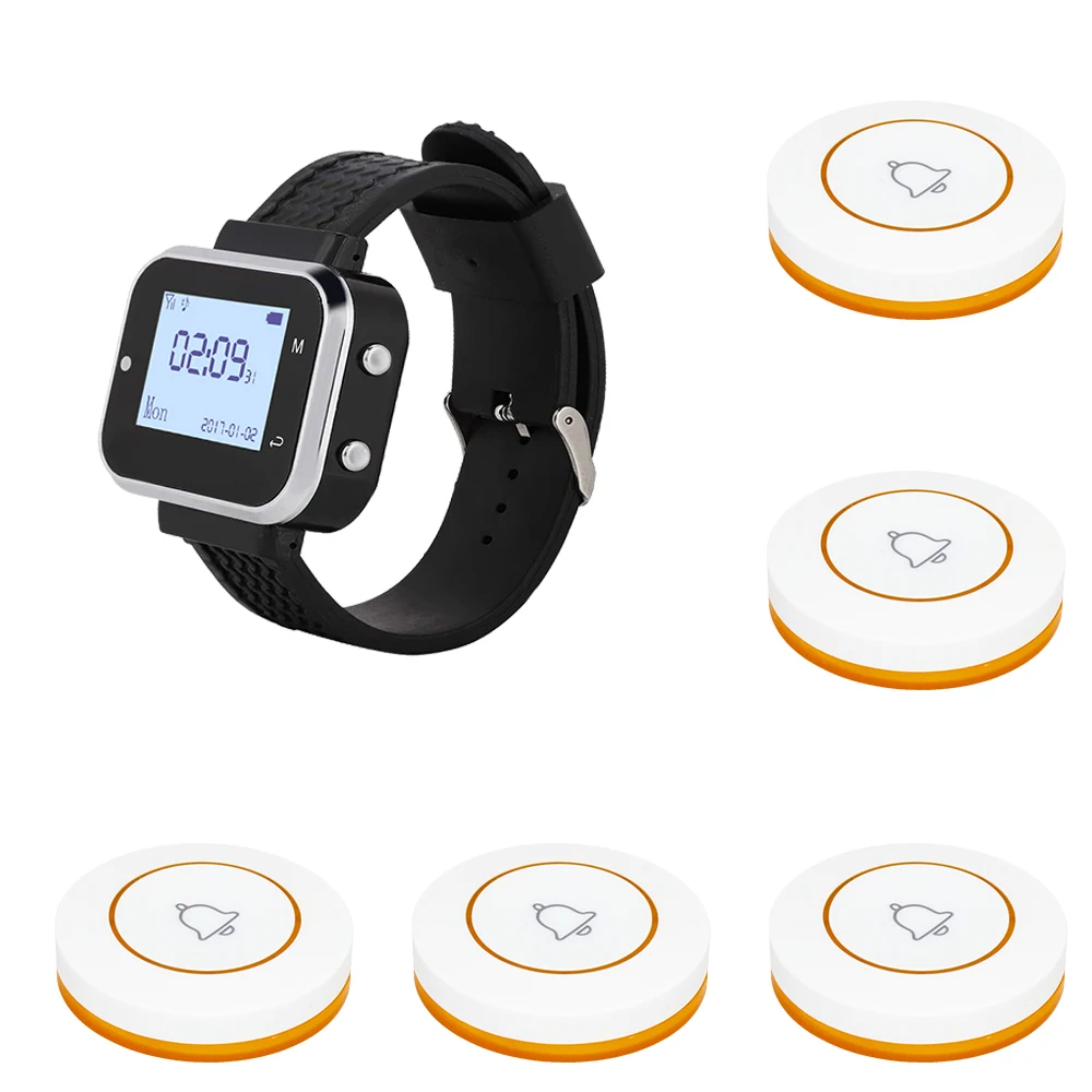 1 Waiter Watch Receiver Pager 5 Table Call Button Transmitter Wireless Restaurant Calling System Service for Hotel Cafe