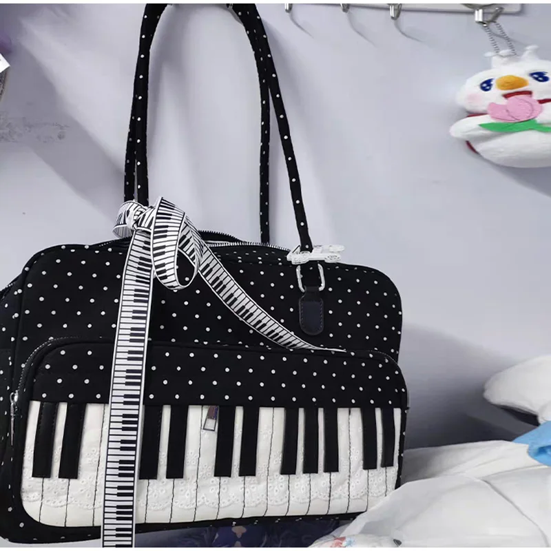 Polka Dot Piano Key Umhängetasche, große Handtasche in Kontrastfarbe, Y2k JK Mädchen-Aktentasche, Damen Wave Point Bowling-Einkaufstasche – Detail 22