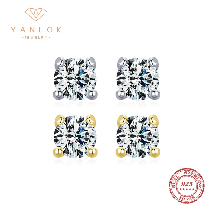 

YANLOK Sparkling Moissanite Gemstone Clear D Color 925 Sterling Silver Small Tiny Ear Studs For Women Wedding Fine Jewelry