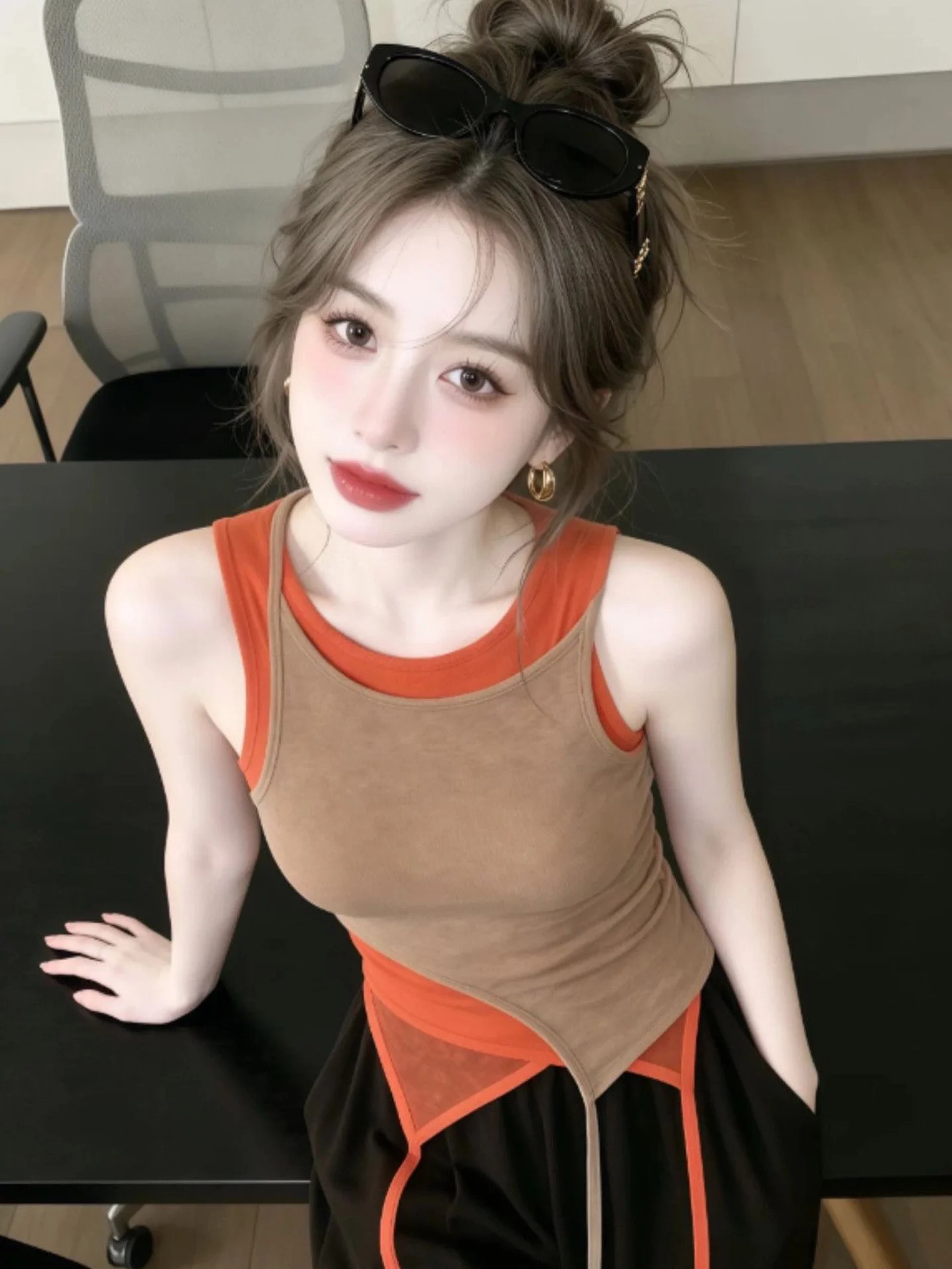 Café Brown Sleeveless Crop Top Women's Fashion Summer 2026 Casual Wear Inner Match Outdoor Tank Top Slim Fit round Neck