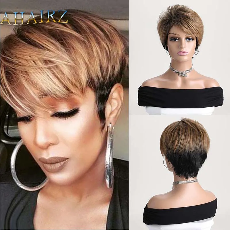 

Synthetic Short Black Mixed Light Brown Straight Pixie Cut Wigs With Side Bangs for Black Women Fake Hair