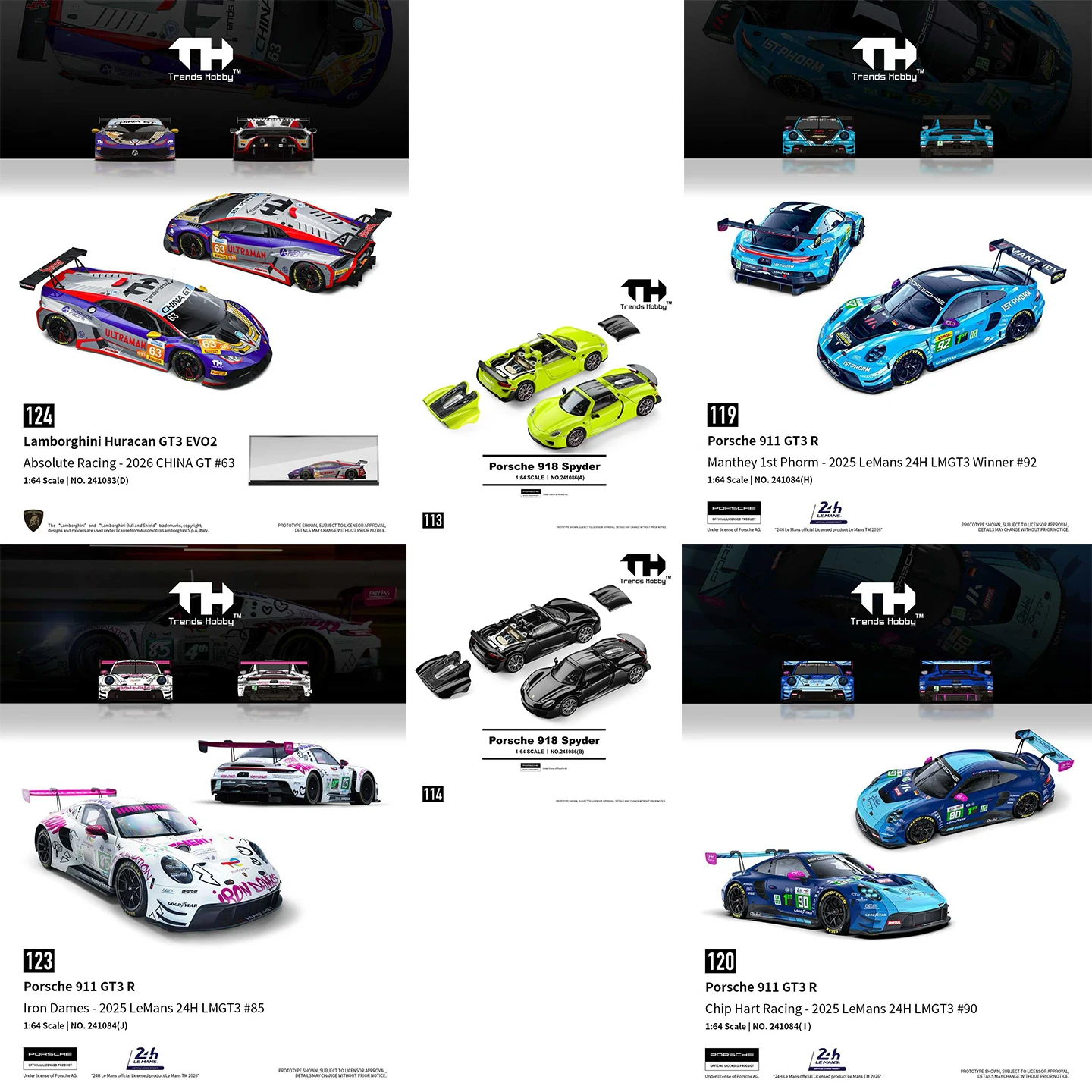 

TH-Trends Hobby 1/64 Porsche 911 GT3 R 918 Spyder Lamborghini Huracan GT3 EVO2 Металлическая модель автомобиля из литого сплава со съемным покрытием