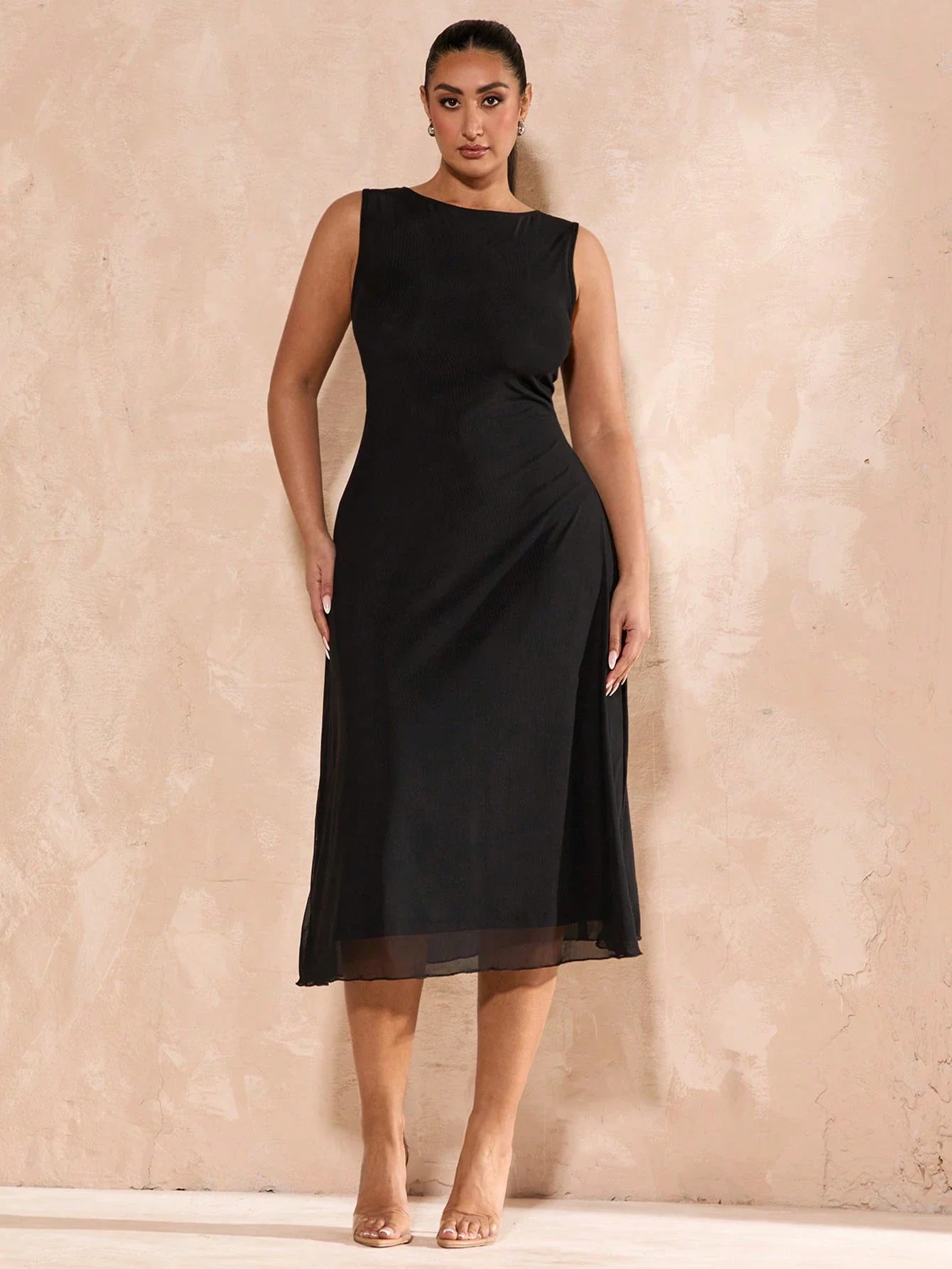 

Plus Size Women Black Mesh Elegant Mid-Length Bodycon A-Line Dress