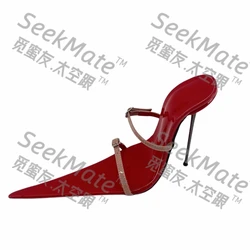 SeekMate Red Ultra Long Pointed Slip on Sandals for Women's Ultra High Heels with Buckle and Stiletto High Heels, Sexy and Unise