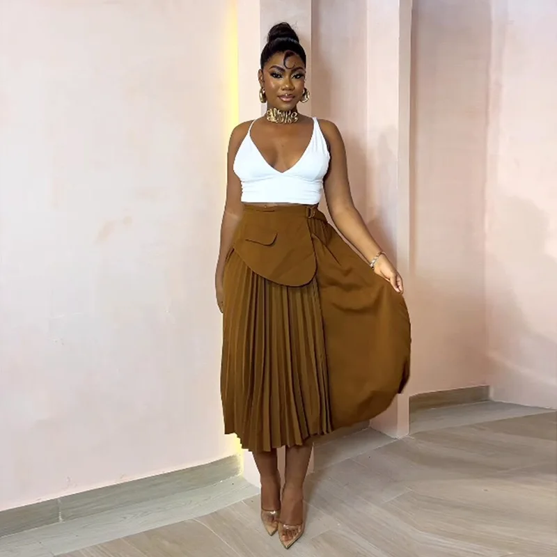 

BKLD Women Clothing 2025 Summer New Solid Color Fashion Patchwork Pleated Skirts Office Ladies High Waist Mid-Length Skirts