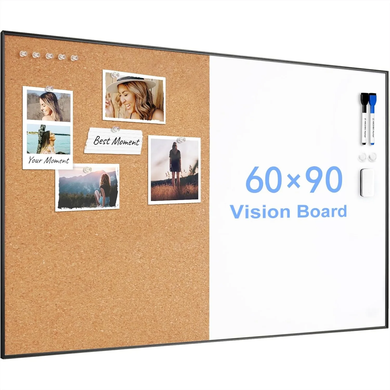 

Cork Board White Board Combo 36x24 Inch, Magnetic Dry Erase Bulletin Board for Home Office School, Black Frame