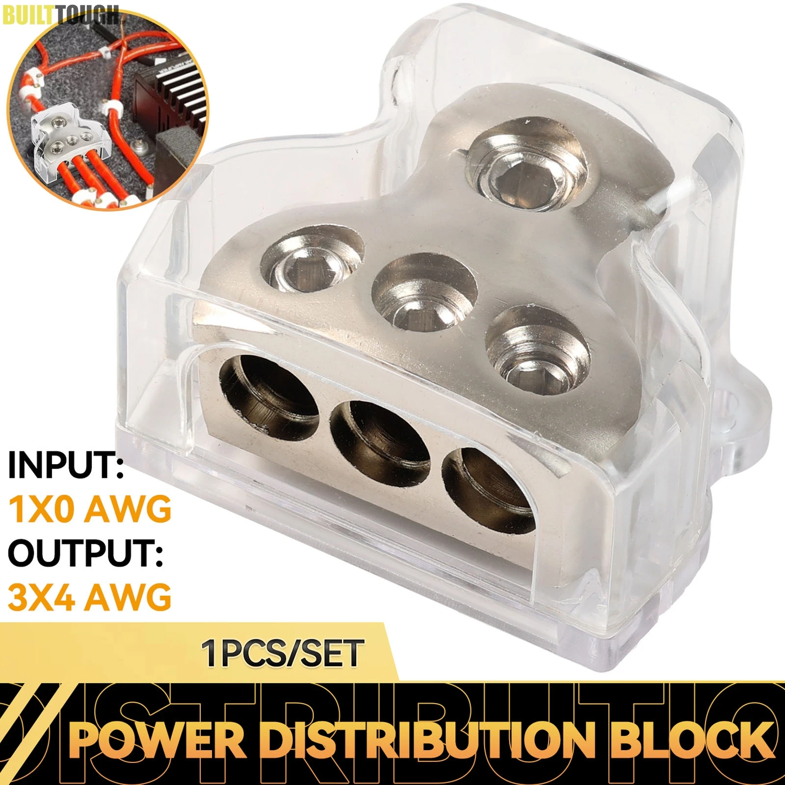 3 WAY AMP จําหน่ายเชื่อมต่อบล็อก 1x0 AWG ใน 3x4 AWG OUT สําหรับยานพาหนะเครื่องเสียงรถยนต์ splitter เปลี่ยน