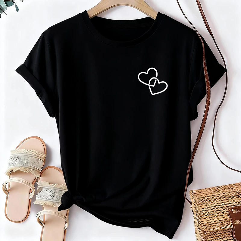 Women's Funny Two Heart Print Black T-Shirt Casual Crew Neck Short Sleeve Soft Comfortable Fashion Tee Daily Basic Casual Top