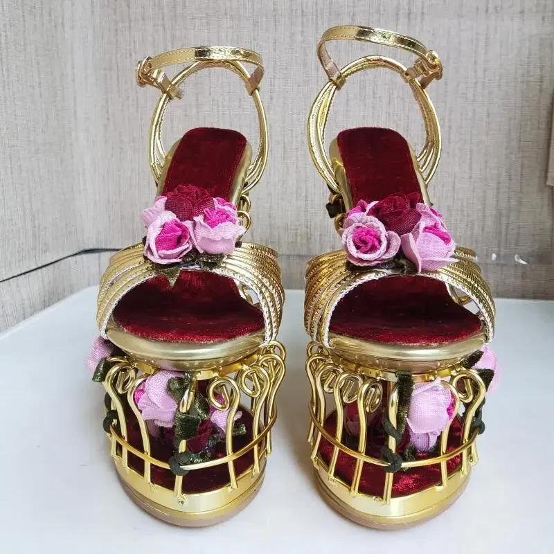 New Personalized High-Definition Wedding Shoes Women's Leather Birdcage Hollow Heel Fashion Flower Heightening Sandals