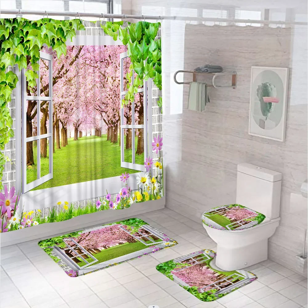 Garden Shower Curtain Sets Colorful Flower Green Plant Floral Scenery Bathroom Fabric Screen Anti-slip Rug Bath Mat Toilet Cover