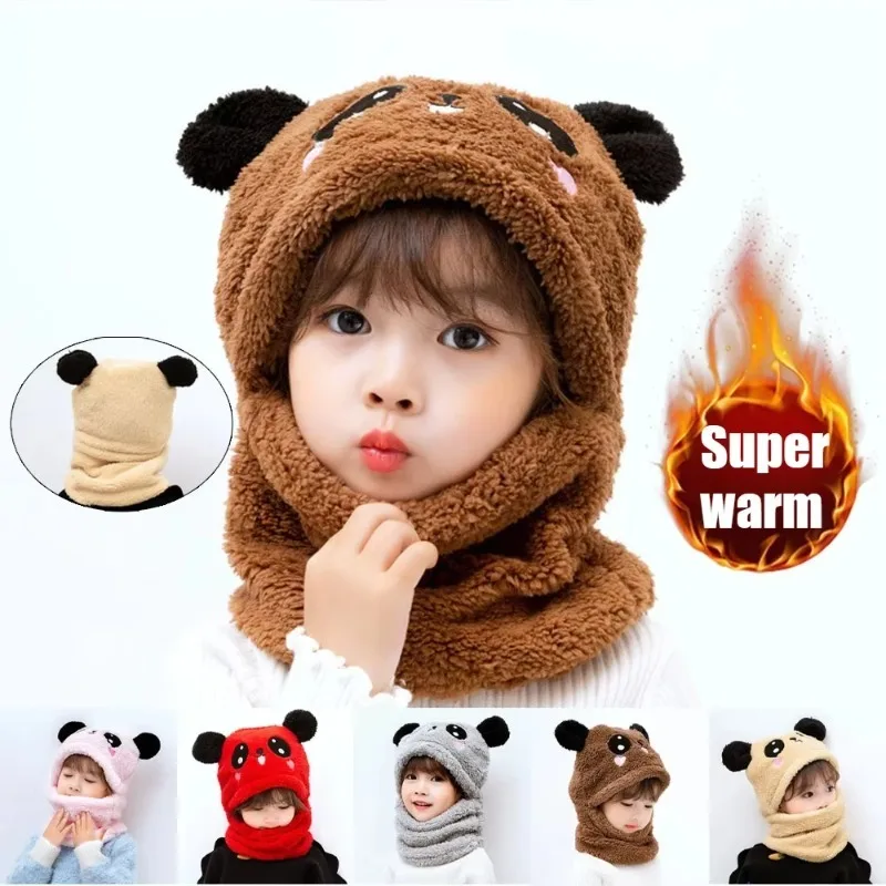 1-5PCS Kids Winter Fleece Lined Balaclava Hat Scarf 2 in 1 Bear Ear Warm Hood with Earflap for Baby Toddler Boys Girls Outdoor