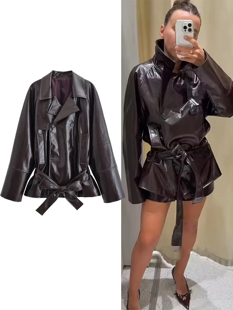 

Women Leather Jacket 2025New Autumn Winter Fashion Waist-Cinching Long Sleeve Zipper Coat With Belt Female High Street Outerwear