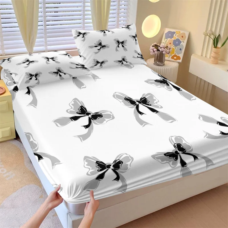 Watercolor Gradient Bow Fitted Sheet Set Black Grey Ribbon Pattern Bedding Protector Pillowcases Cute Sweet Girly Room Decor