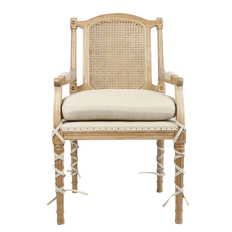 

American log weathered white vine back armrest book chair oak linen dining chair solid wood retro